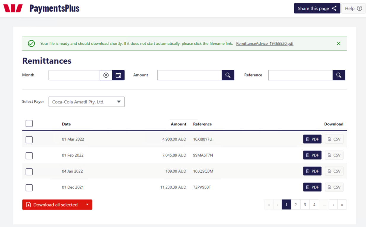 Remittance download screen example